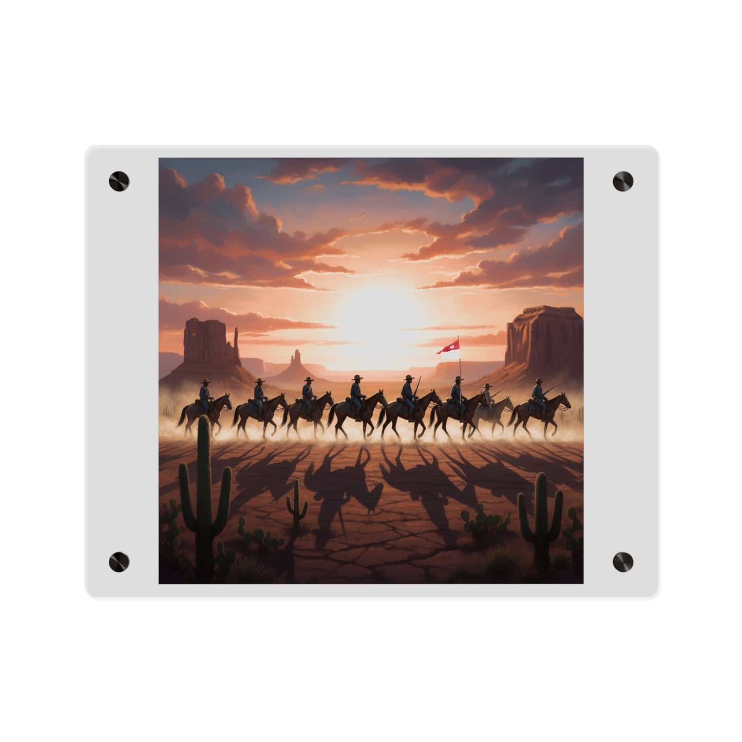 Acrylic Wall Art Panel - 10th Cavalry on Patrol in the sunset w 10th Cav Guidon