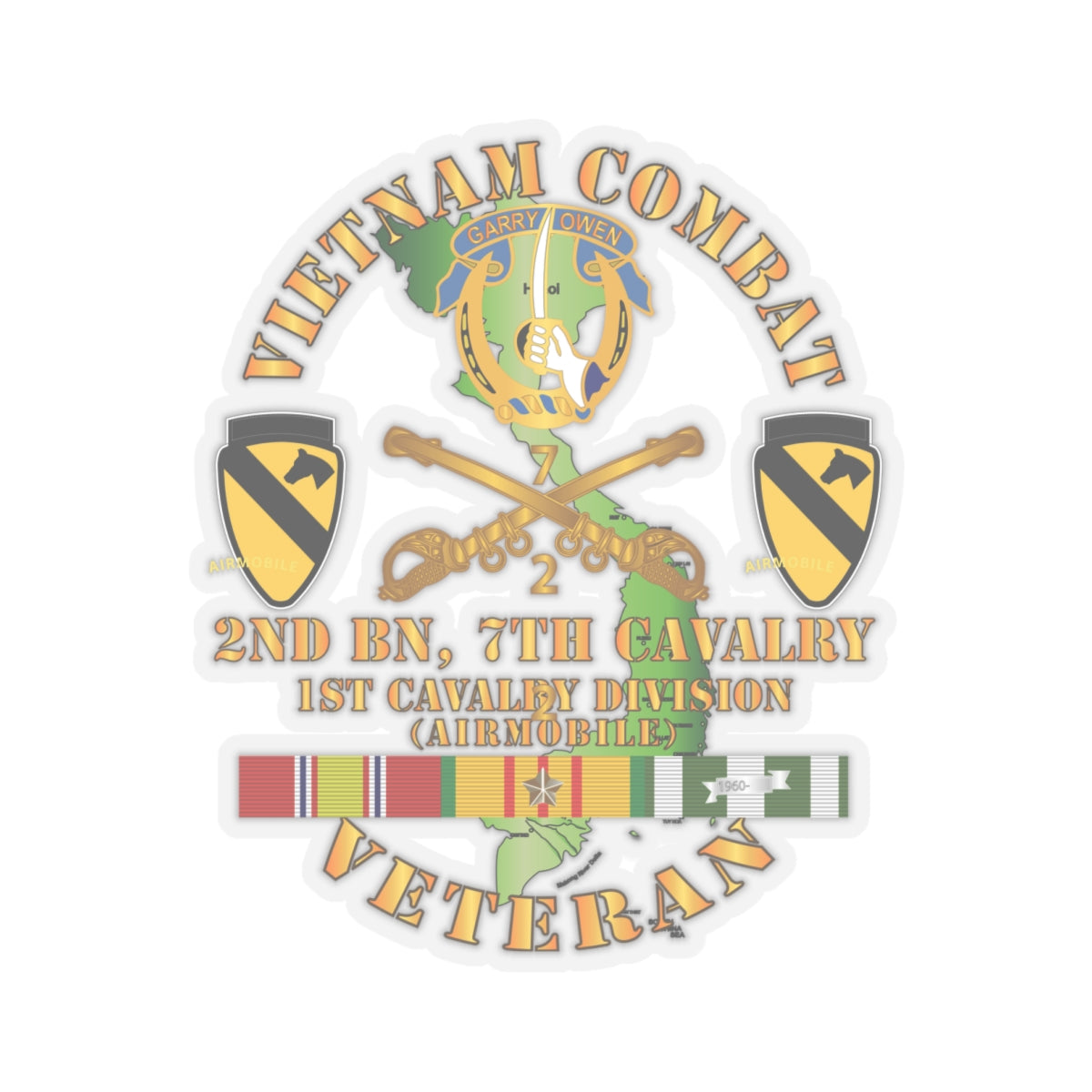 Kiss-Cut Stickers - Vietnam Combat Cavalry Veteran w 2nd Bn 7th Cav DUI - 1st Cav Div