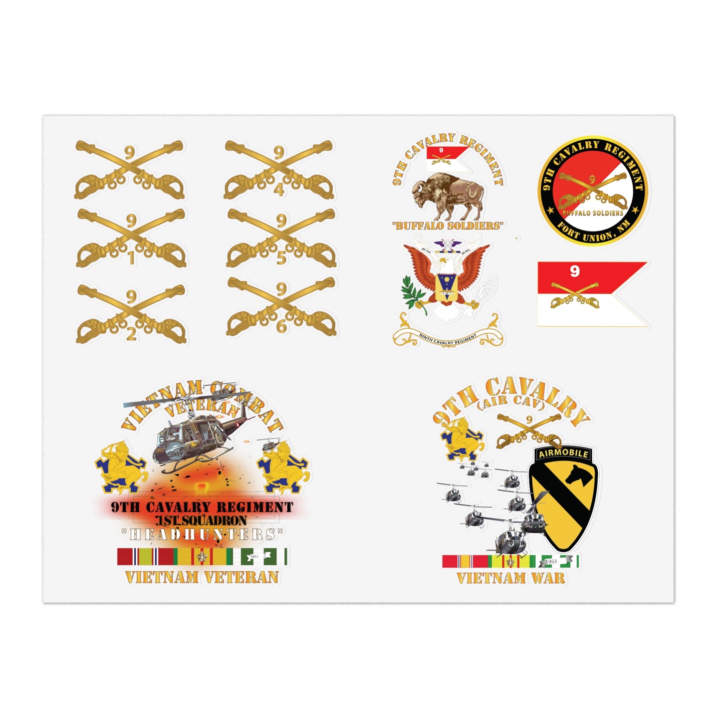 Military Sticker Sheets, 9th Cavalry Regiment with All Squadron Branch Insignia, Buffalo Soldiers, Air Cav, Headhunters Versions