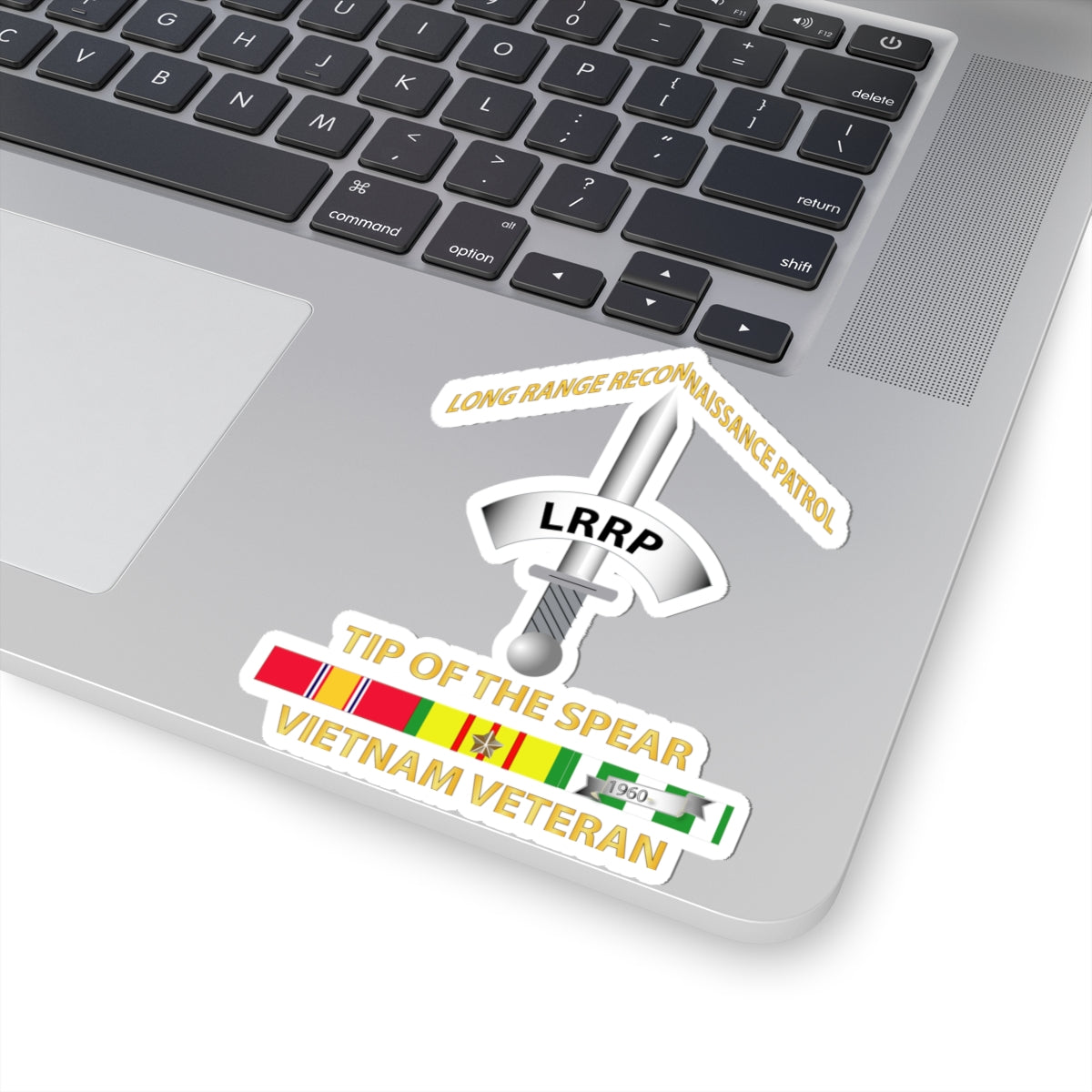 Kiss-Cut Stickers - Badge - Long Range Reconnaissance Patrol - Tip of the Spear - Vietnam Veteran with Service Ribbons
