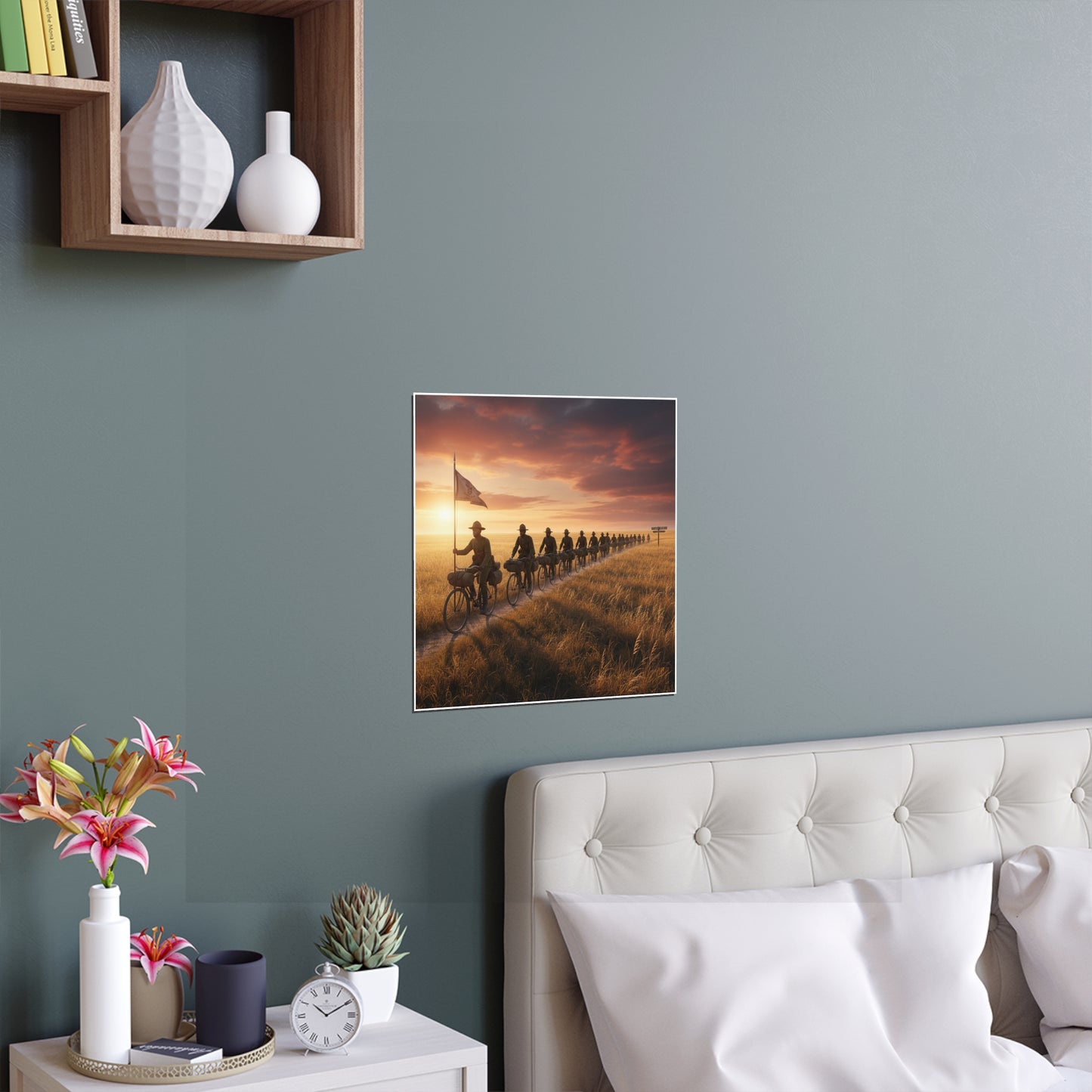 Indoor and Outdoor Silk Posters - E Company 25th Infantry Buffalo Soldiers Bicycle Corps with Guidon on the Prairie at Sunset