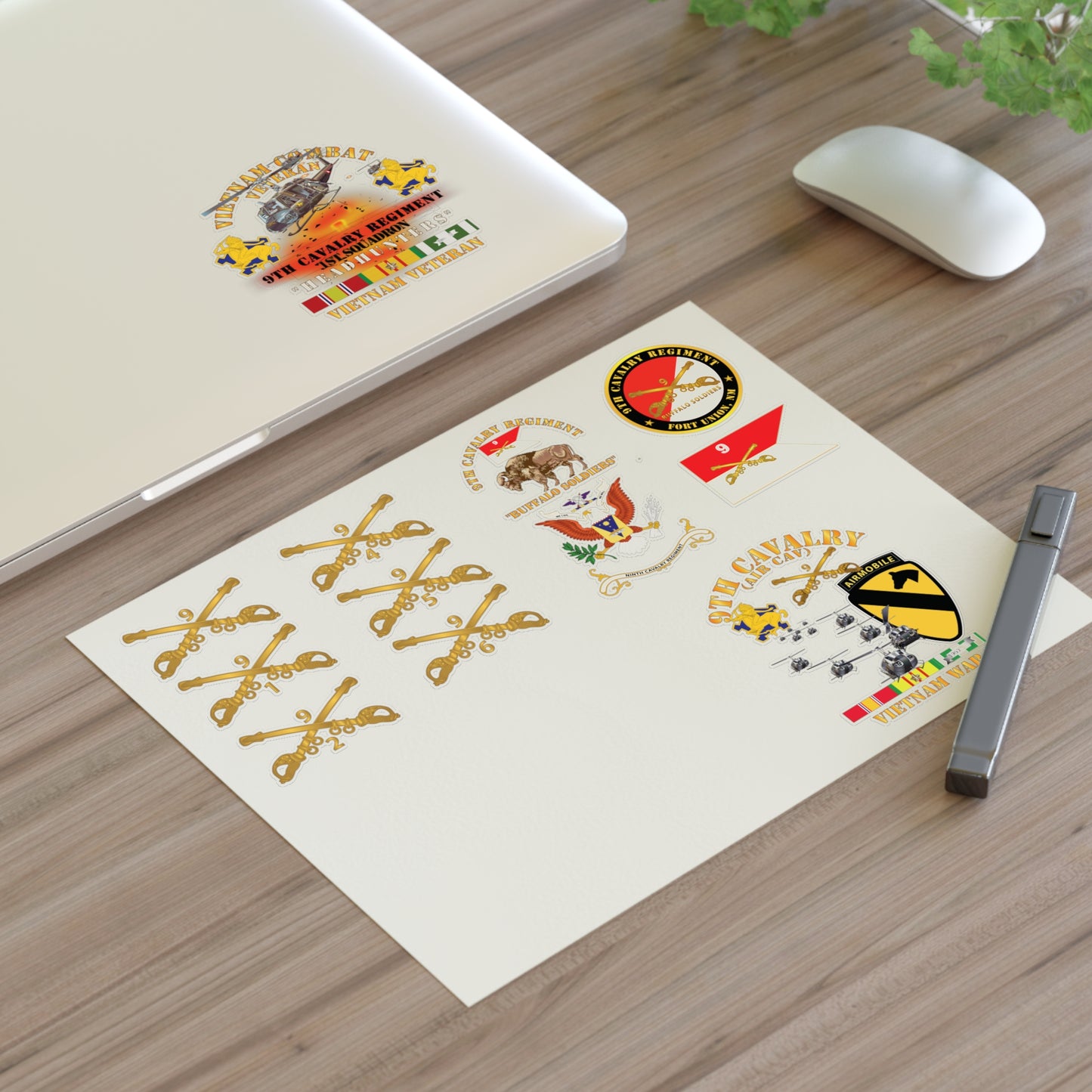 Military Sticker Sheets, 9th Cavalry Regiment with All Squadron Branch Insignia, Buffalo Soldiers, Air Cav, Headhunters Versions