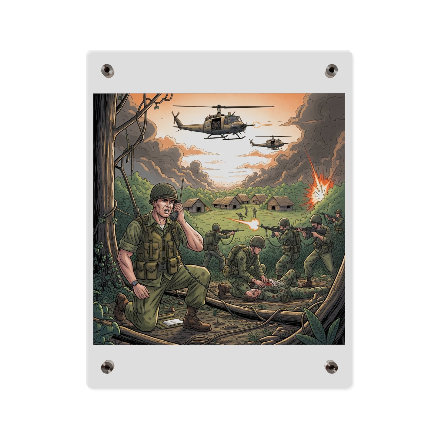 Acrylic Wall Art Panel - Vietnam Patrol Fire Fight Requesting Medevac