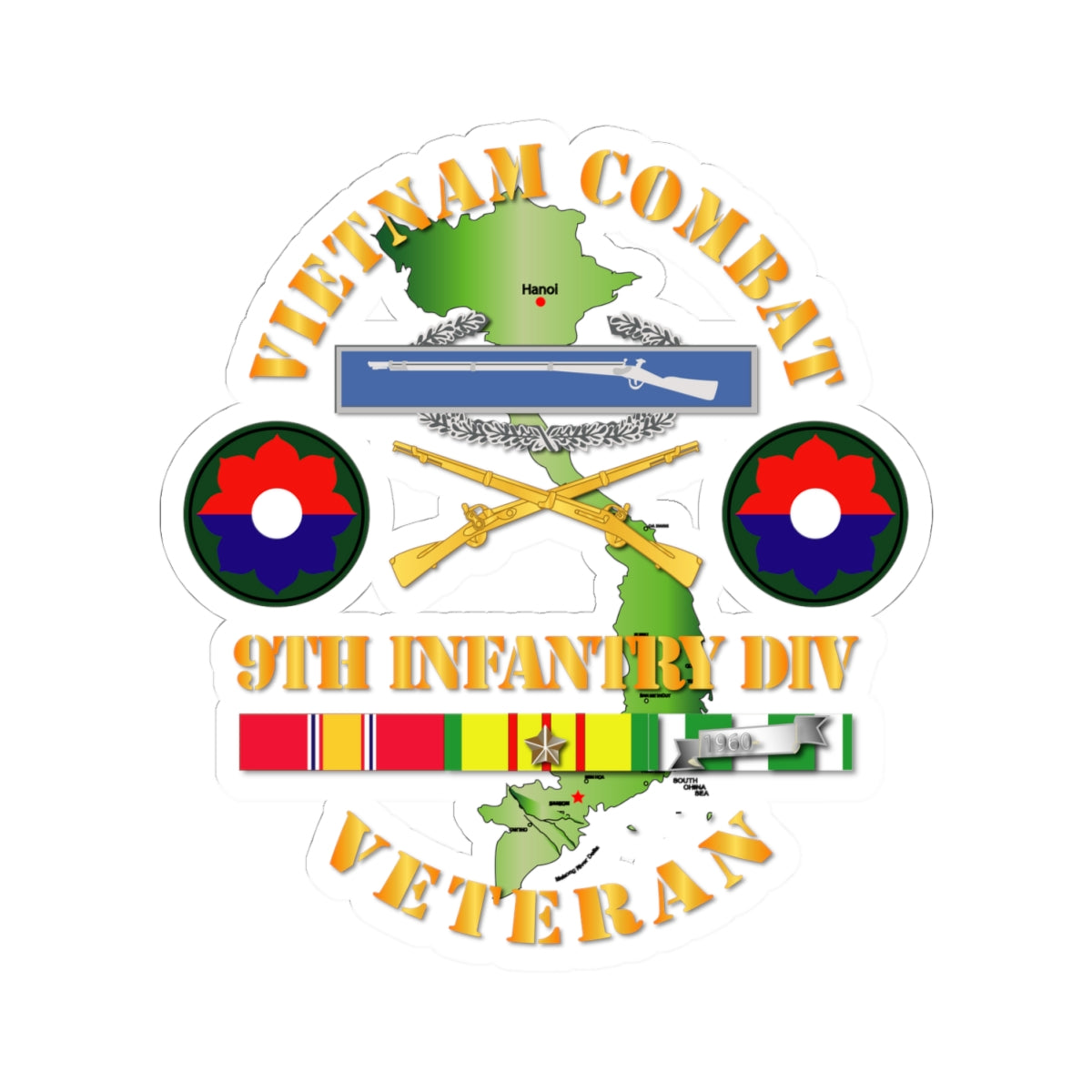 Kiss-Cut Stickers - Vietnam Combat Infantry Veteran w 9th Inf Div SSI V1