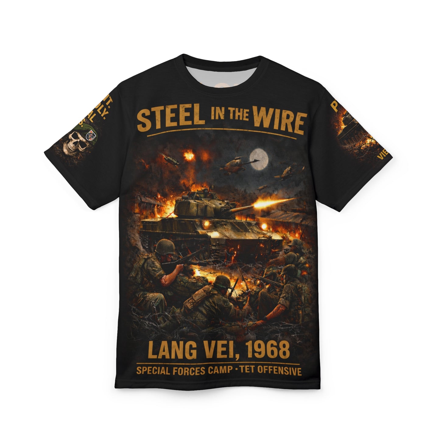 Lang Vei 1968 Special Forces Camp All‑Over Print Tee — "Steel in the Wire"