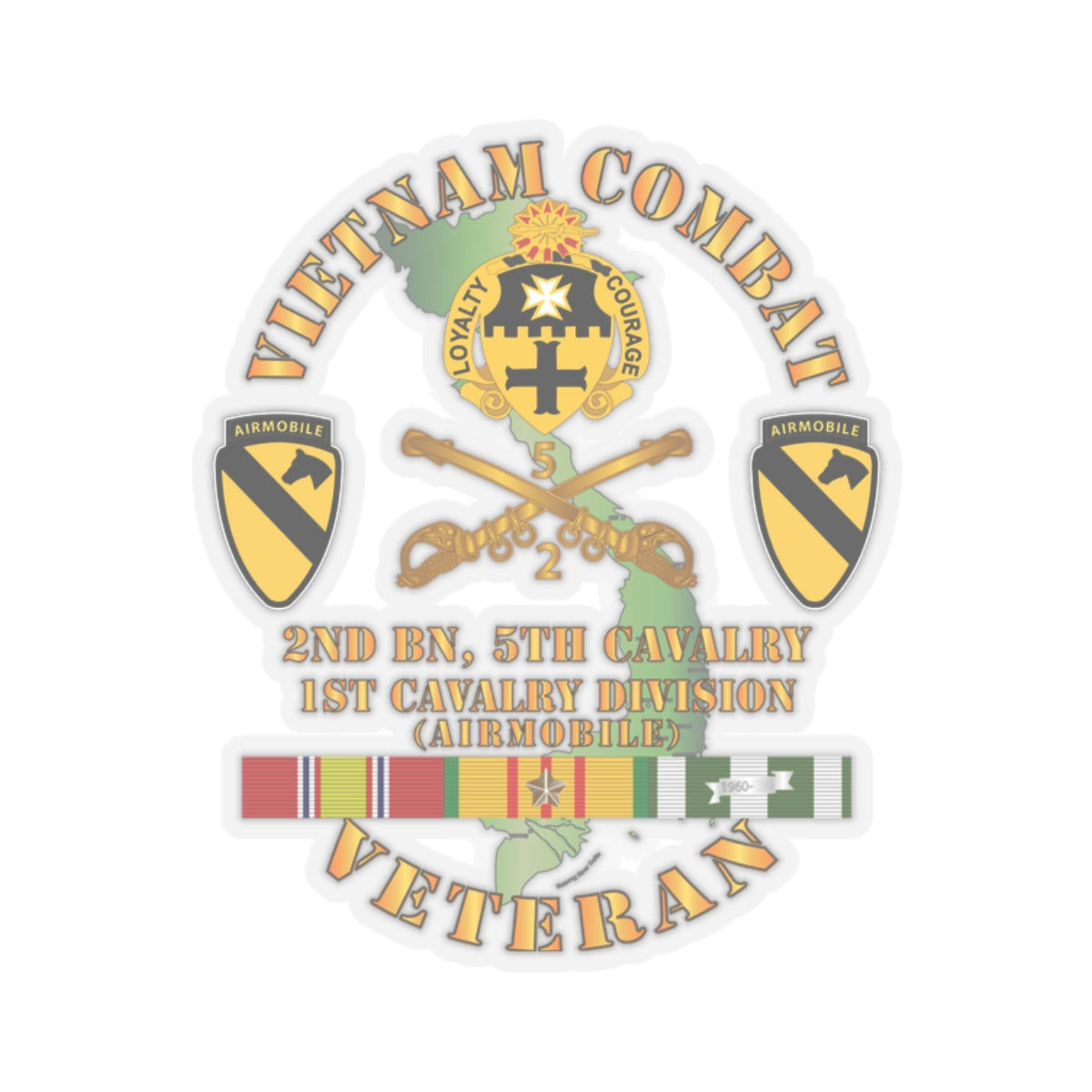 Kiss-Cut Stickers - Vietnam Combat Cavalry Veteran w 2nd Bn 5th Cav DUI - 1st Cav Div