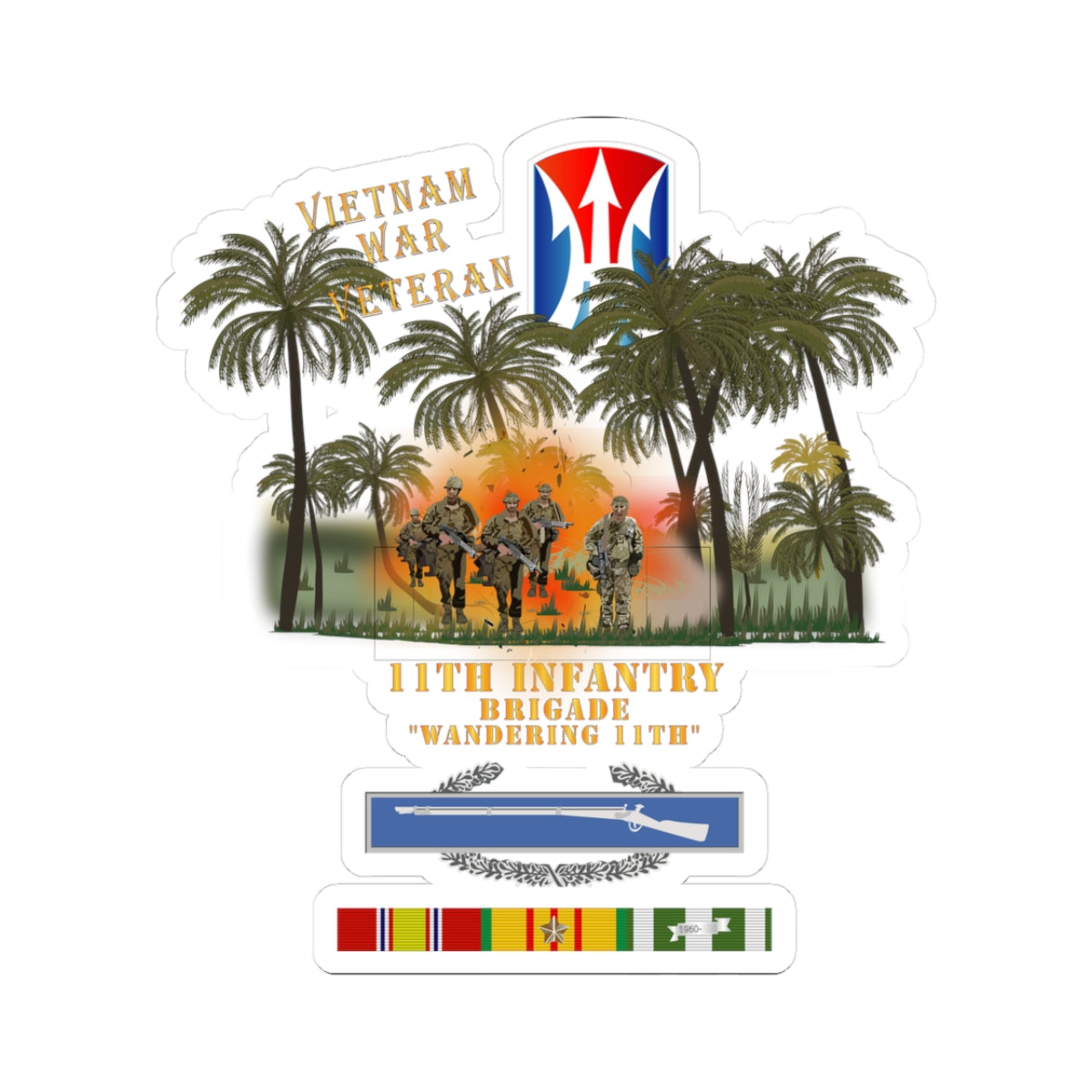 Kiss-Cut Stickers - 11th Light Infantry Brigade - Vietnam Jungle Patrol w Fire X 300