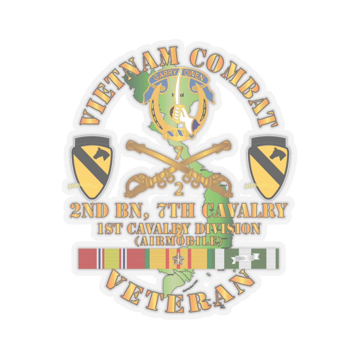 Kiss-Cut Stickers - Vietnam Combat Cavalry Veteran w 2nd Bn 7th Cav DUI - 1st Cav Div