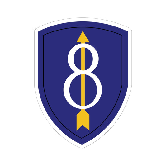 A kiss-Cut Stickers depicting the 8th Infantry Division, known as the "Pathfinder Division," served with distinction in World War I, World War II, and the Cold War. Its shoulder sleeve insignia (SSI) features a gold numeral "8" on a blue shield with a red border, symbolizing strength and tradition.