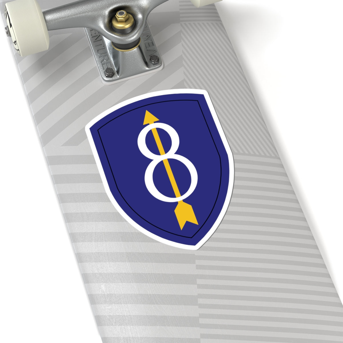 A kiss-Cut Stickers depicting the 8th Infantry Division, known as the "Pathfinder Division," served with distinction in World War I, World War II, and the Cold War. Its shoulder sleeve insignia (SSI) features a gold numeral "8" on a blue shield with a red border, symbolizing strength and tradition.