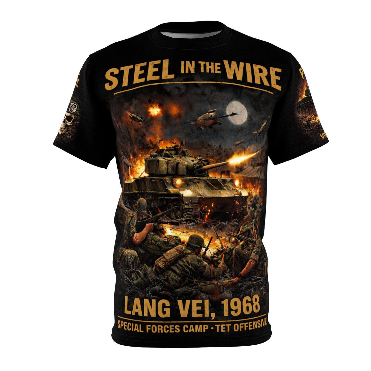 Lang Vei 1968 Special Forces Camp All‑Over Print Tee — "Steel in the Wire"