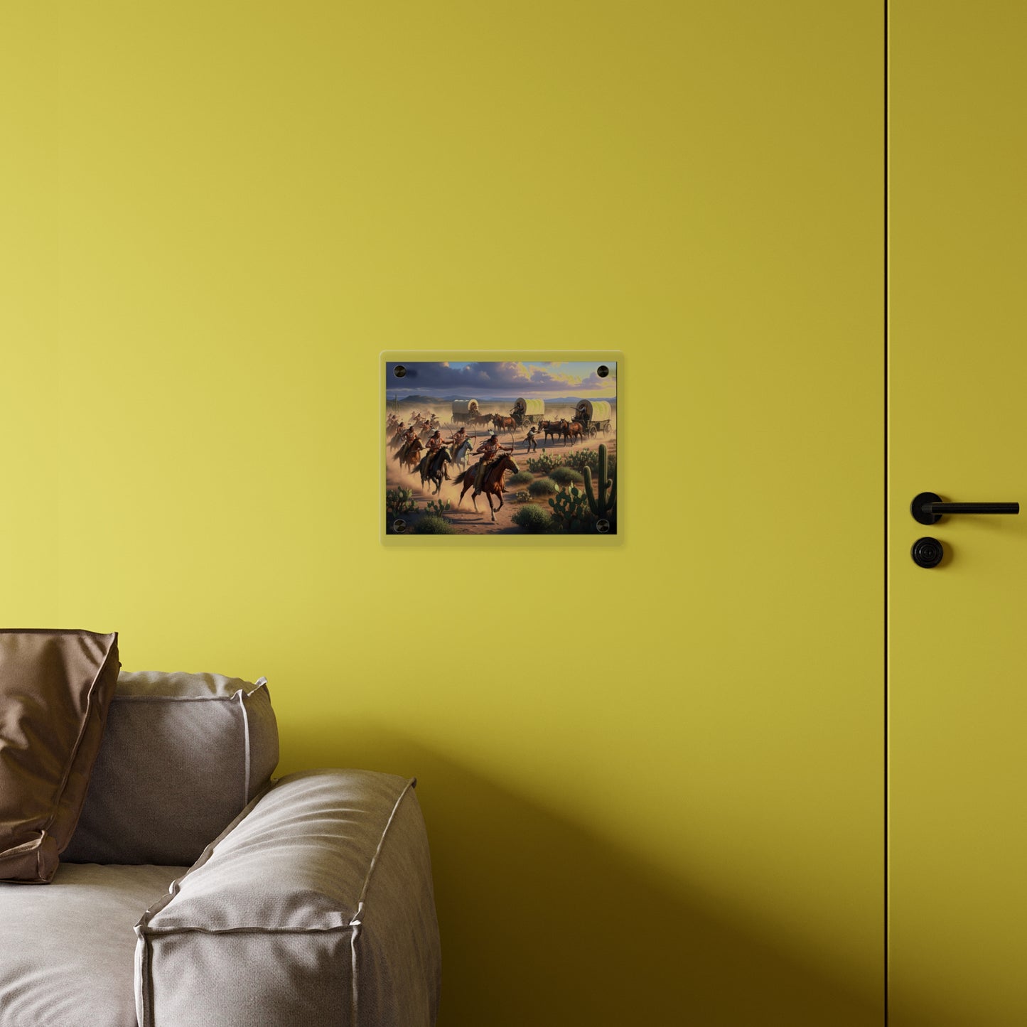 Acrylic Wall Art Panel - Apache Indians attacking a wagon train