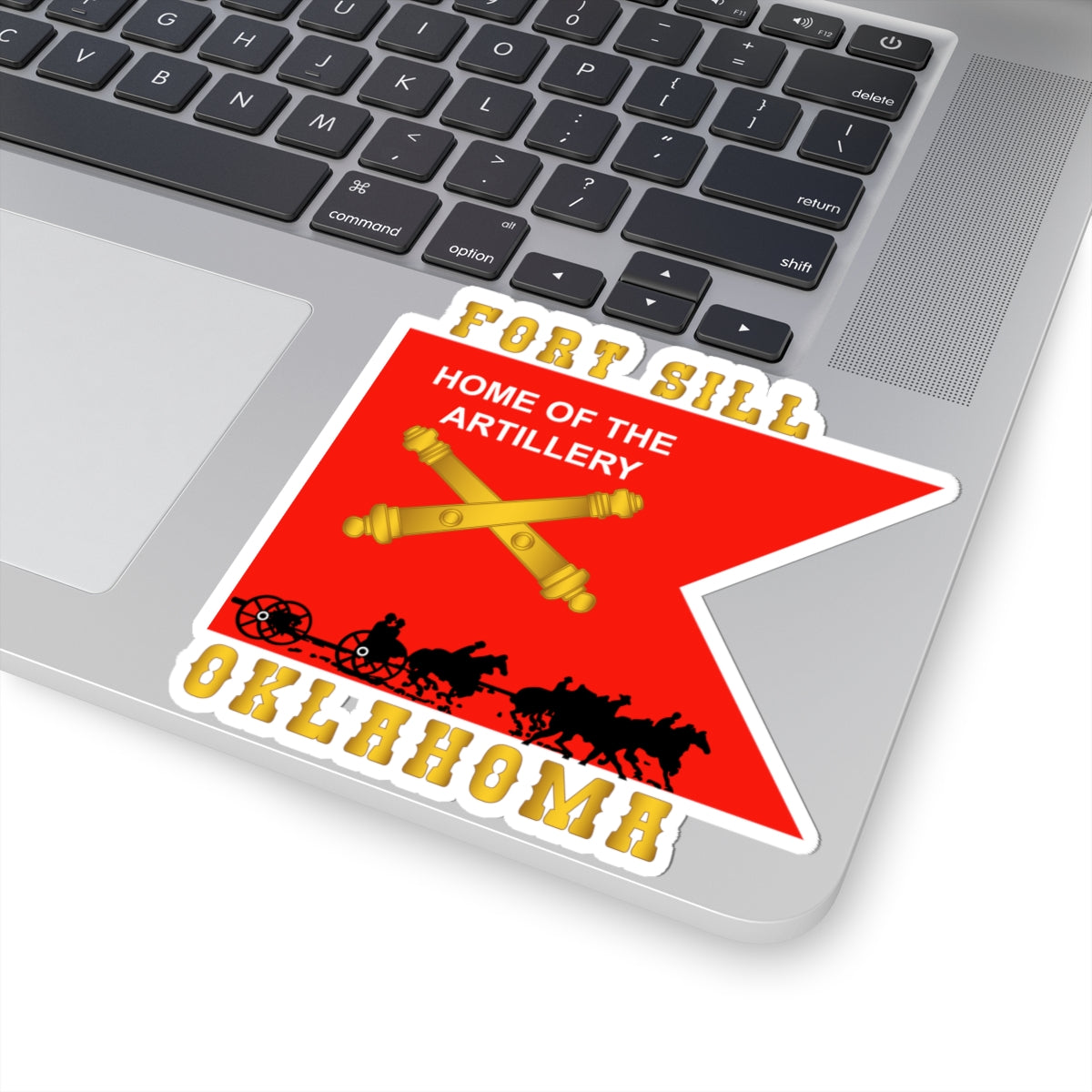 Kiss-Cut Stickers - Fort SIll, Home of Artillery Guidon w Cassion - Black X 300