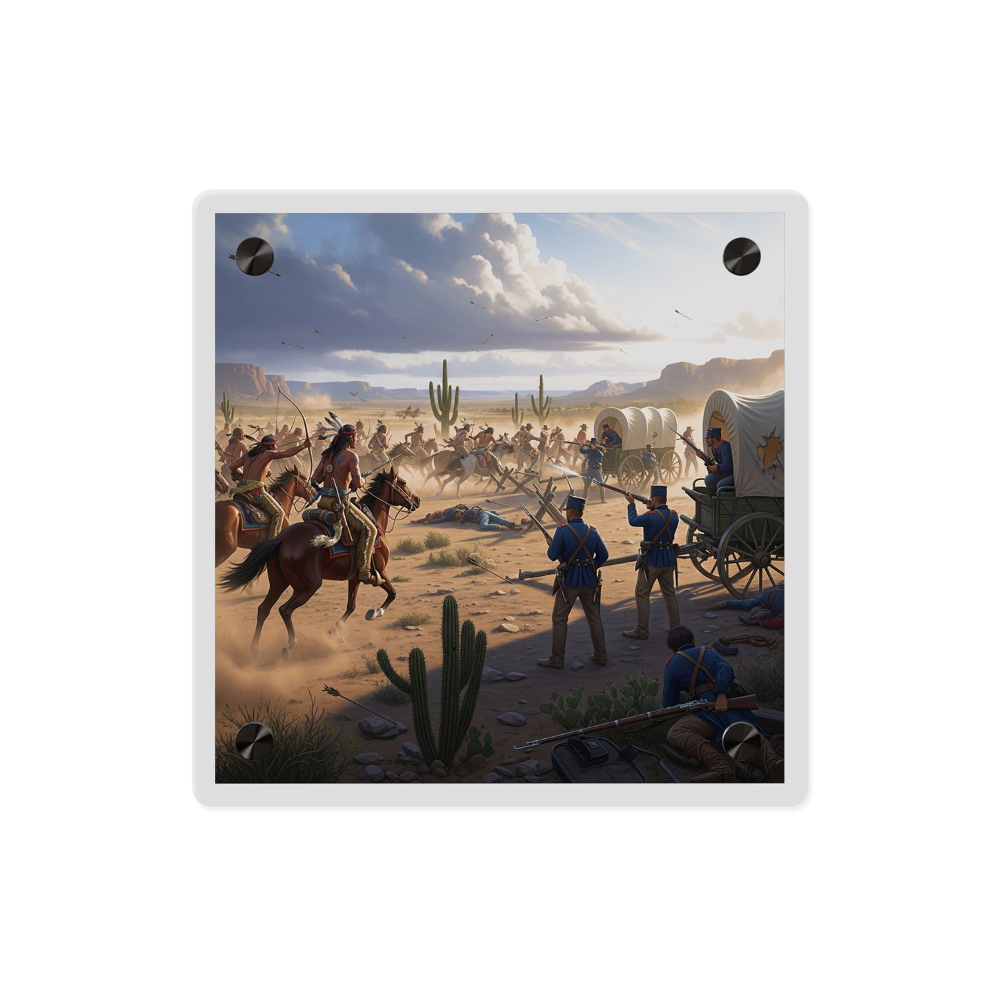 Acrylic Wall Art Panel - Apache Indians attacking a US Army defending a wagon train