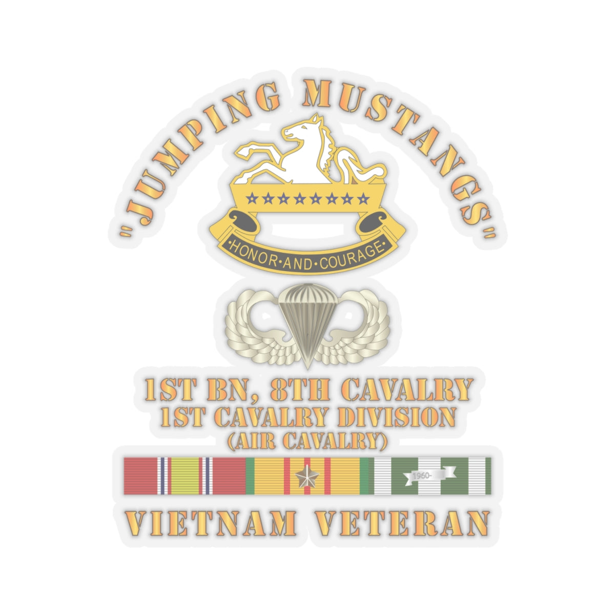 Kiss-Cut Stickers - Jumping Mustangs w DUI - ABN Basic - 1st Bn 8th Cav w VN SVC