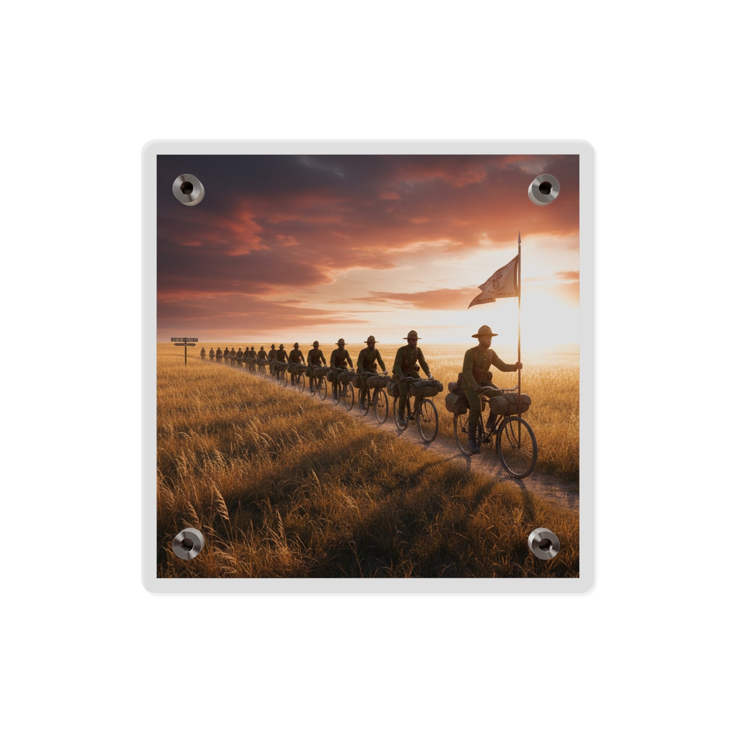 Acrylic Wall Art Panel - E Company 25th Infantry Buffalo Soldiers Bicycle Corps with Guidon on the Prairie at Sunset