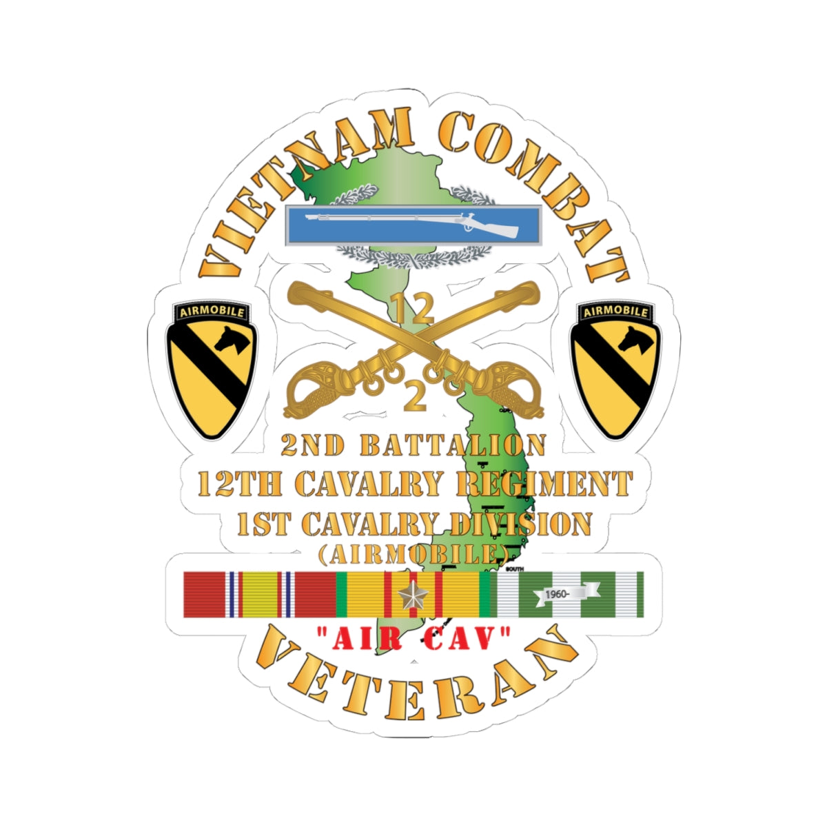 Kiss-Cut Stickers - Vietnam Combat Cavalry Veteran w 2nd Bn 12th Cav Regt w CIB - 1st Cav Div X 300