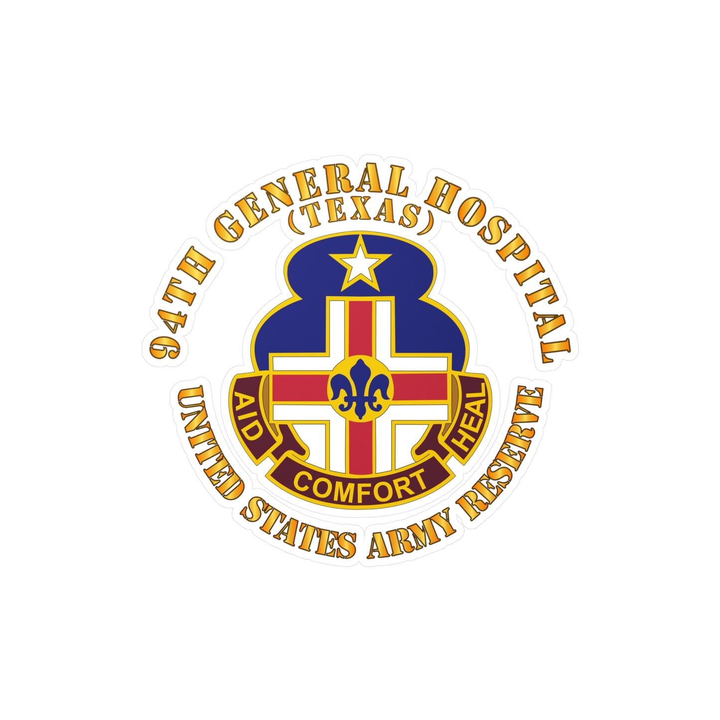 A circular white vinyl decal with a colorful emblem representing the 94th General Hospital, Texas, in the center.