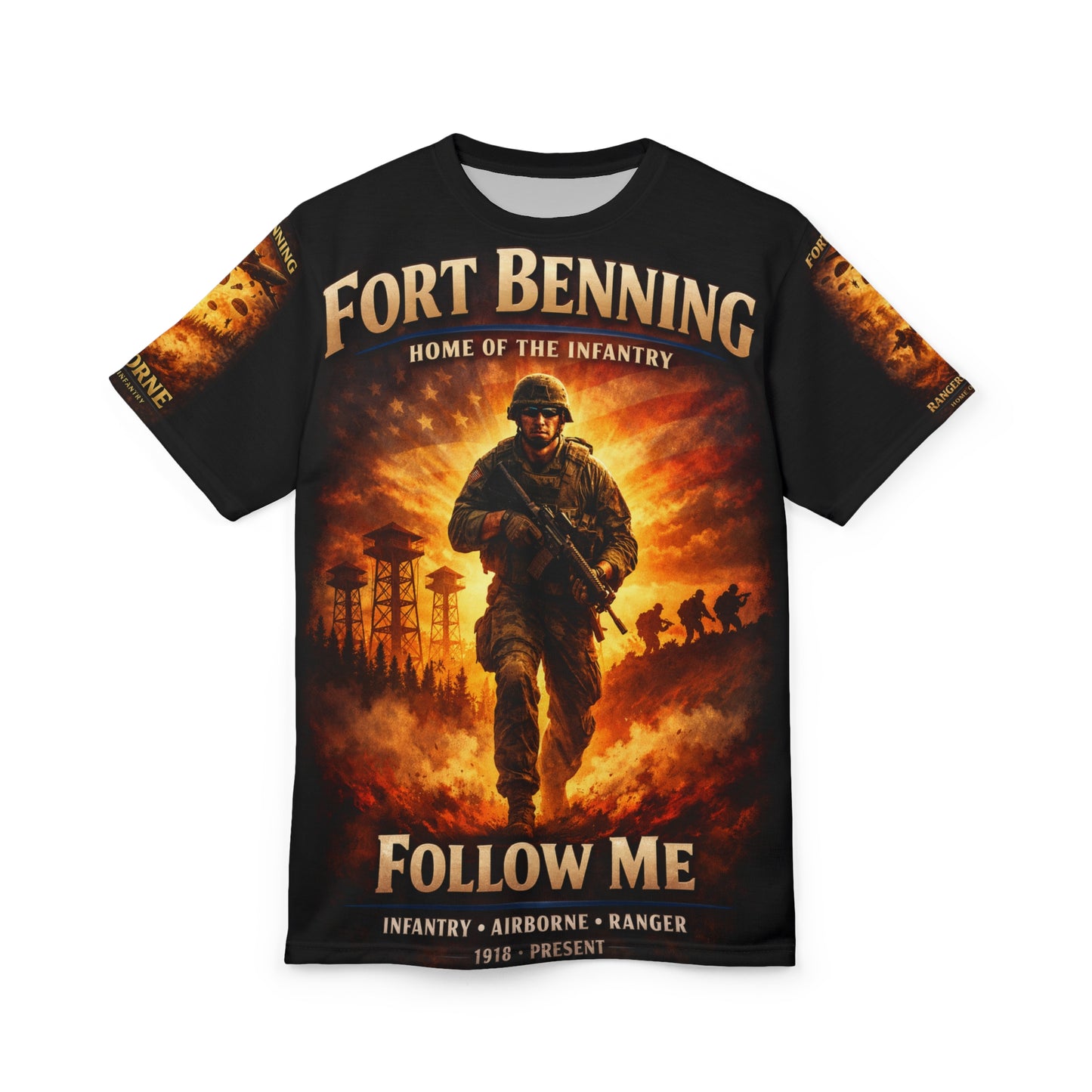 Fort Benning Infantry Tribute All‑Over Print Tee — "Follow Me, I Am the Infantry"
