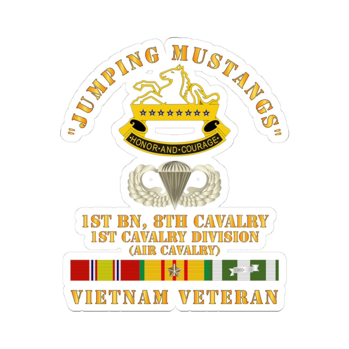 Kiss-Cut Stickers - Jumping Mustangs w DUI - ABN Basic - 1st Bn 8th Cav w VN SVC