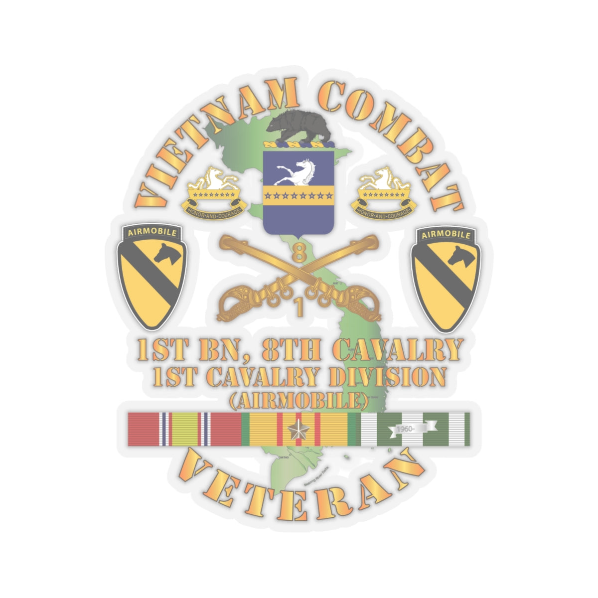 Kiss-Cut Stickers - Vietnam Combat Cavalry Veteran w 1st Bn - 8th Cav COA - 1st Cav Div X 300