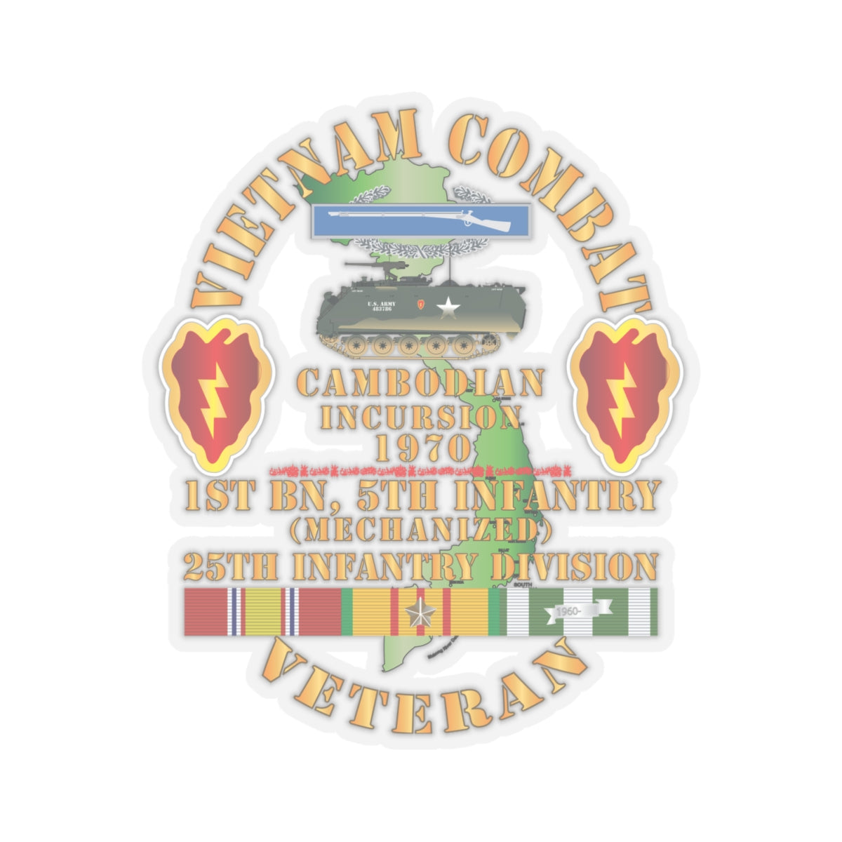 Kiss-Cut Stickers - Vietnam Combat Vet w 1st Bn 5th Inf - 25th Inf Div - Cambodian Incursion 1970 w VN SVC X 300
