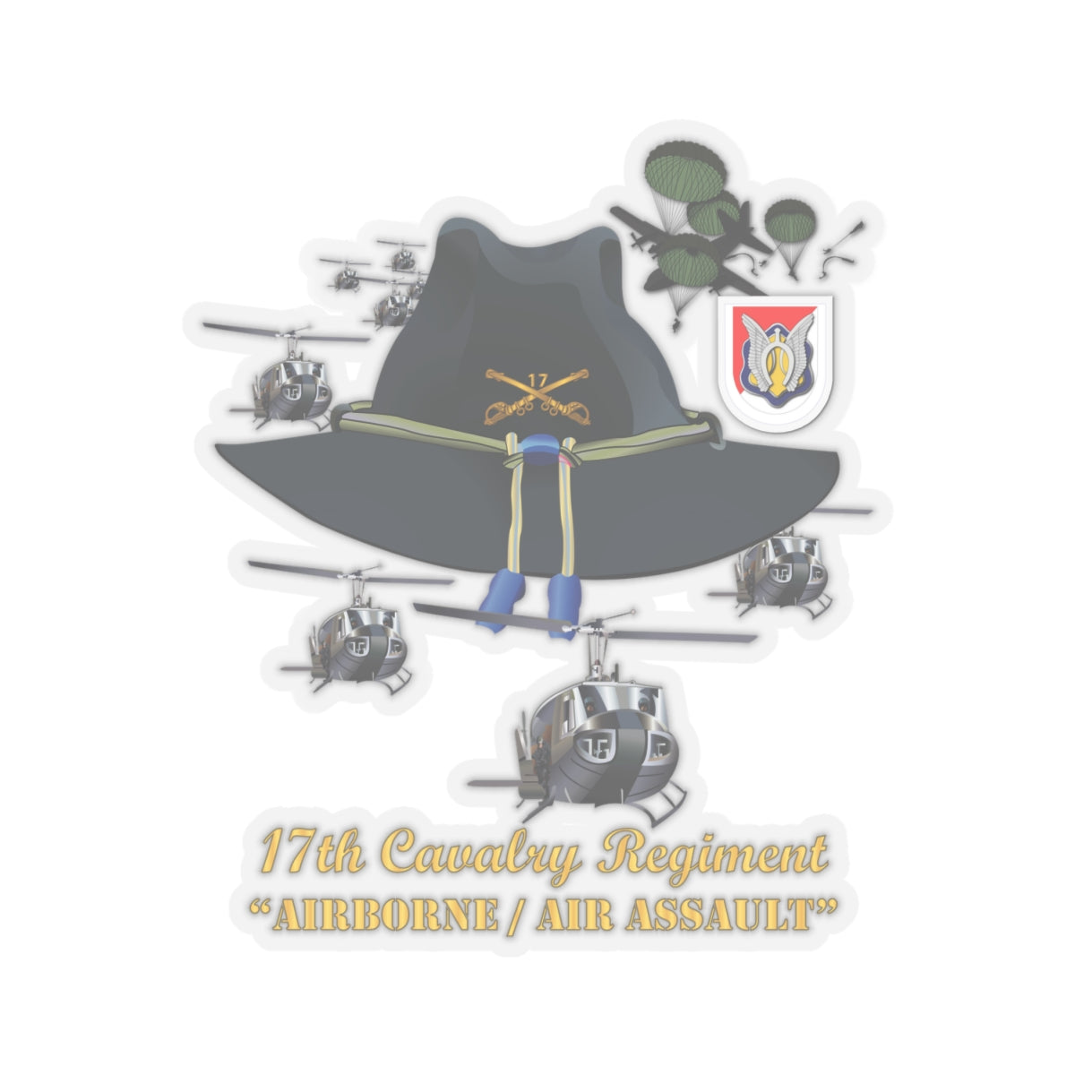 Kiss-Cut Stickers - 17th Cavalry Hat - Abn - Air Assault w Br w Flash w Slicks