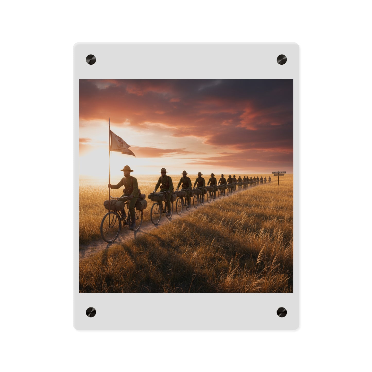 Acrylic Wall Art Panel - E Company 25th Infantry Buffalo Soldiers Bicycle Corps with Guidon on the Prairie at Sunset