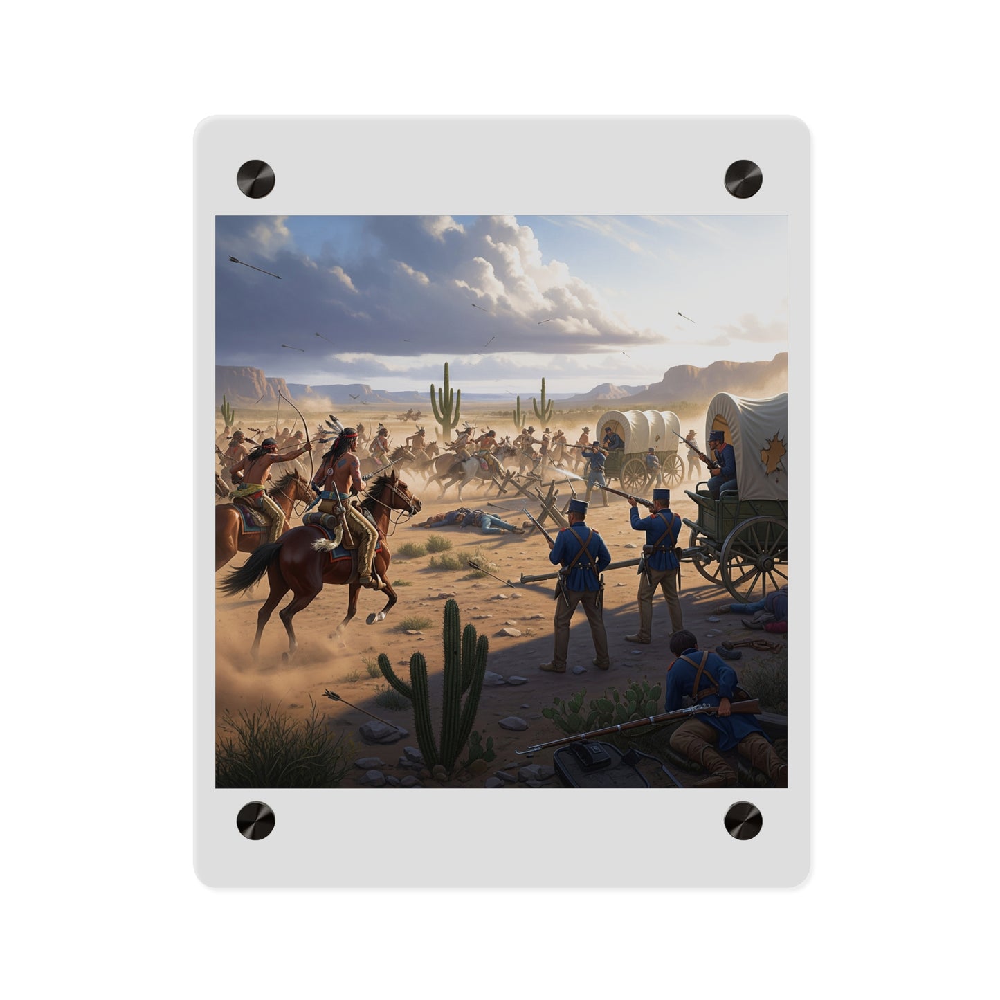 Acrylic Wall Art Panel - Apache Indians attacking a US Army defending a wagon train