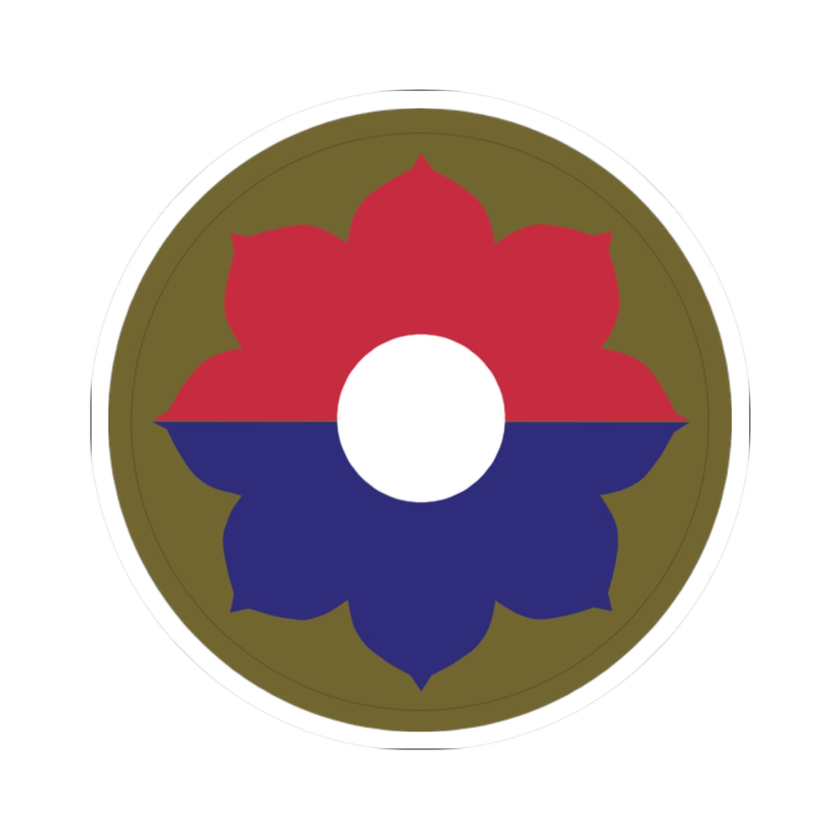 A kiss-Cut Stickers depicting the 9th Infantry Division, nicknamed the "Old Reliables," is a storied U.S. Army unit with a history of service in World War II, Vietnam, and the Cold War. Its shoulder sleeve insignia (SSI) features a red, white, and blue octofoil (eight-petaled figure), symbolizing the division’s numerical designation and readiness.