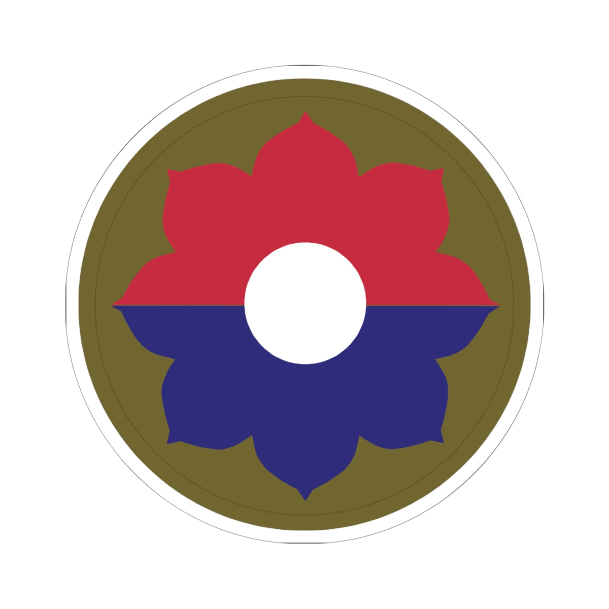 A kiss-Cut Stickers depicting the 9th Infantry Division, nicknamed the "Old Reliables," is a storied U.S. Army unit with a history of service in World War II, Vietnam, and the Cold War. Its shoulder sleeve insignia (SSI) features a red, white, and blue octofoil (eight-petaled figure), symbolizing the division’s numerical designation and readiness.