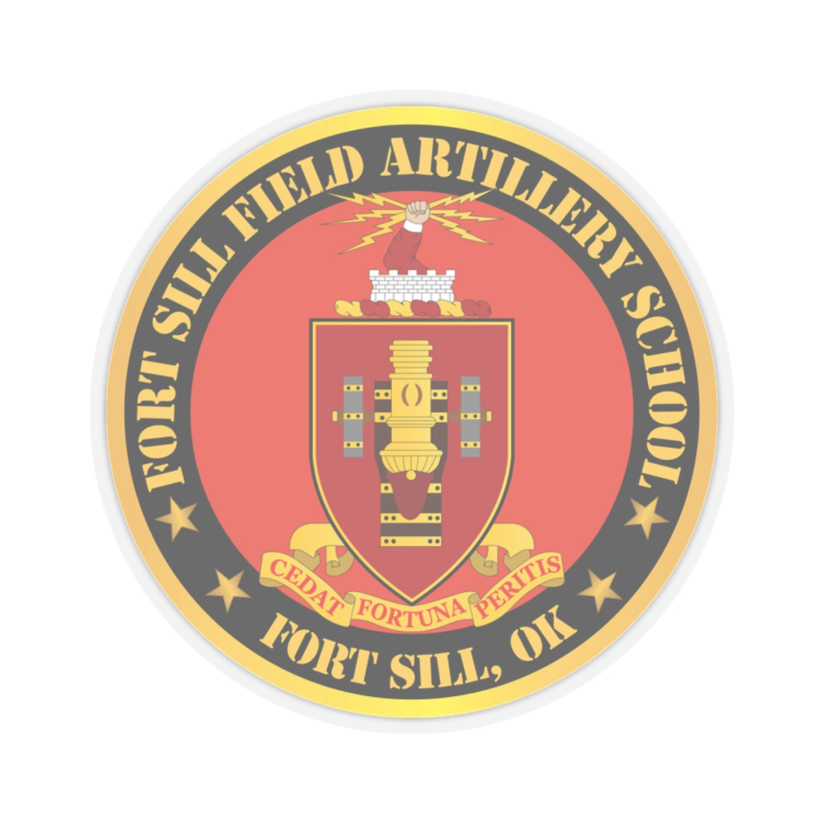 A circular red and gold sticker with the coat of arms of Fort Sill Field Artillery School, including a star and the text 'FORT SILL, OK'.