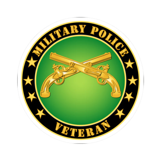 A circular sticker with a green background featuring the text 'MILITARY POLICE VETERAN' and an image of two crossed golden guns with stars around it.