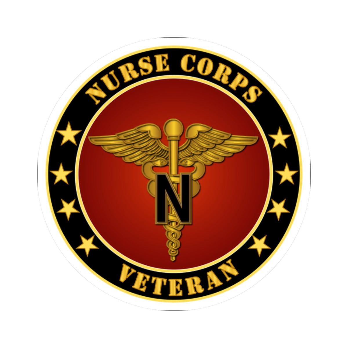 A circular sticker with a red background featuring the caduceus symbol, stars, and the text 'NURSE CORPS VETERAN'. The sticker has a golden border.