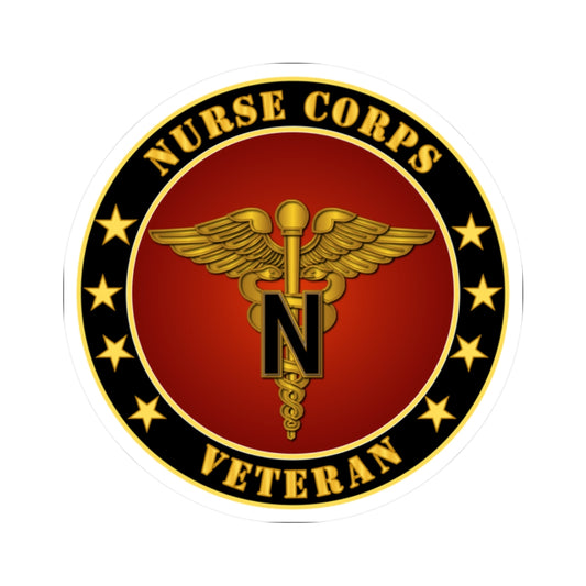 A circular sticker with a red background featuring the caduceus symbol, stars, and the text 'NURSE CORPS VETERAN'. The sticker has a golden border.