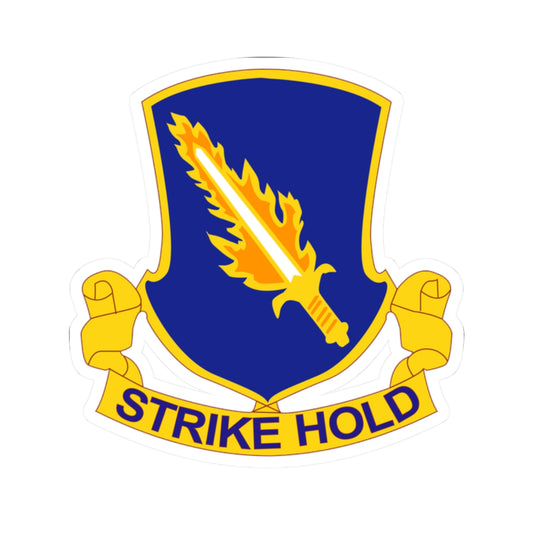 A distinctive unit insignia (DUI) featuring a blue shield with a silver parachute and a red lightning bolt, along with the text 'STRIKE HOLD'.