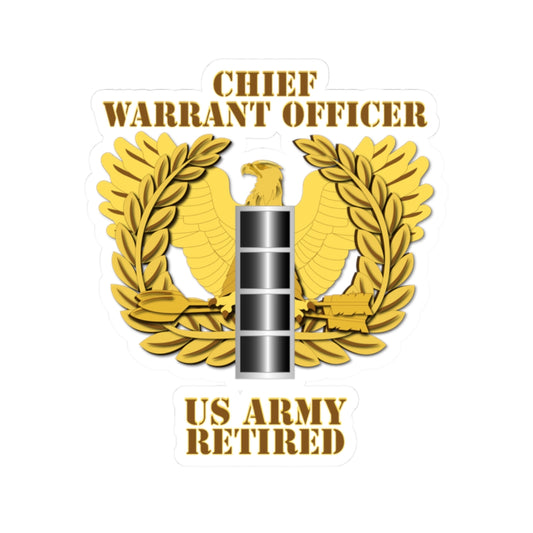 A emblem sticker with the text 'CHIEF WARRANT OFFICER US ARMY RETIRED' designed in a military style with a gold background, a silver star, and laurel wreath.
