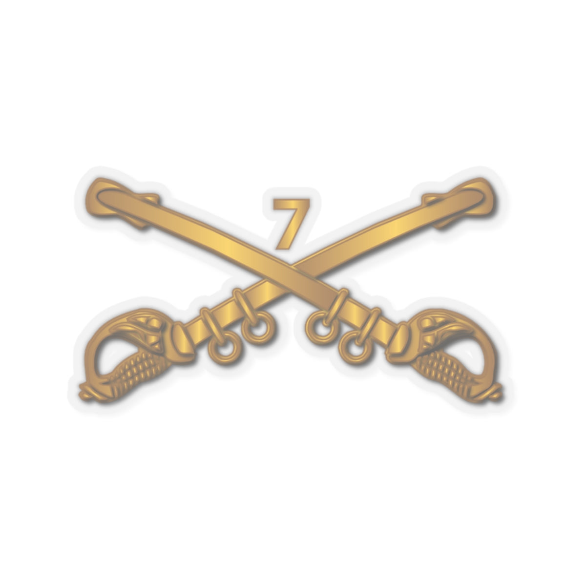 A gold-colored sticker in the shape of a cross with the number 7 and a star, representing the 7th Cavalry Branch.