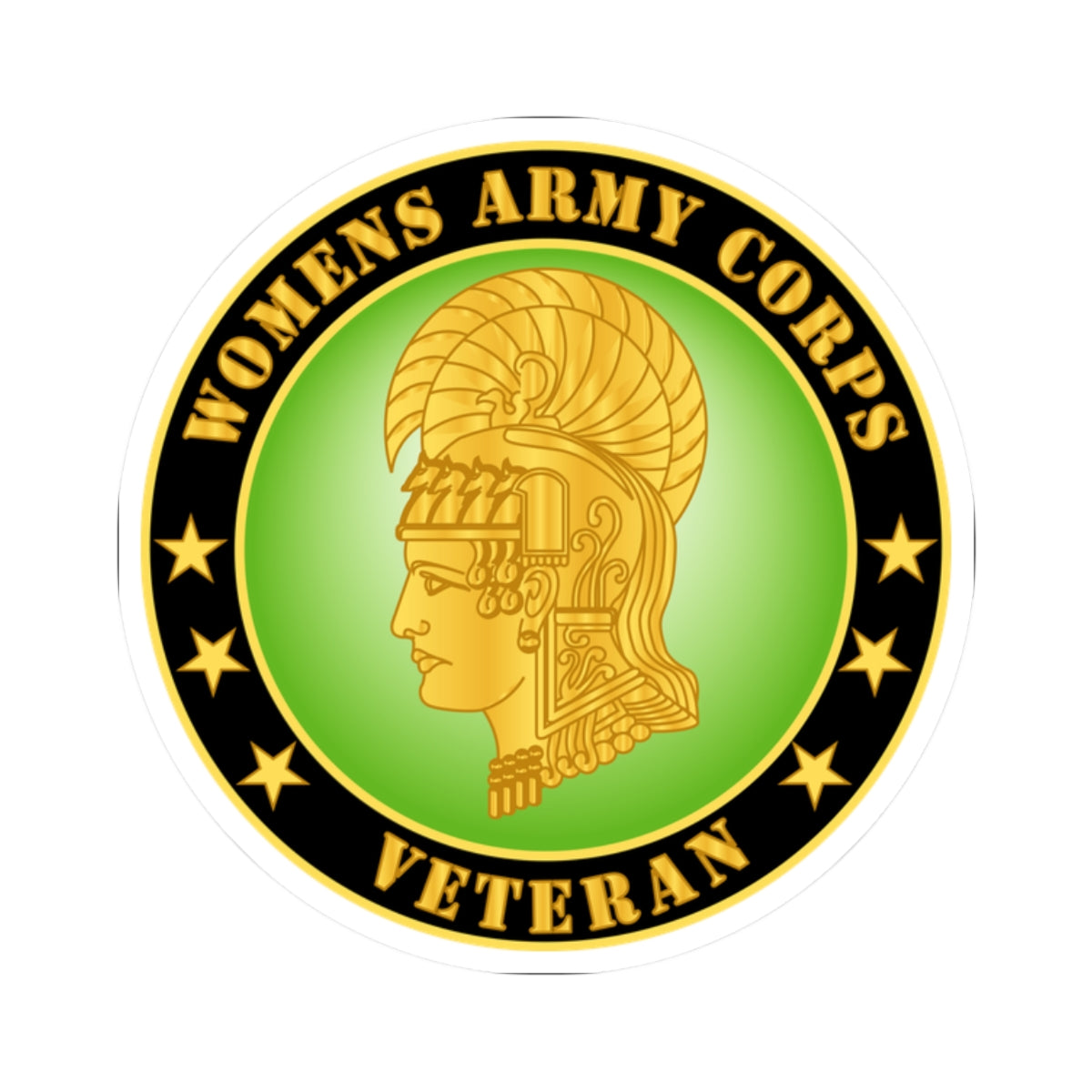 A round sticker with a green background featuring the profile of a woman's head wearing a helmet, with the text 'WOMENS ARMY CORPS VETERAN' and stars.