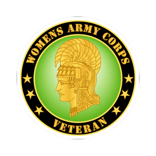 A round sticker with a green background featuring the profile of a woman's head wearing a helmet, with the text 'WOMENS ARMY CORPS VETERAN' and stars.