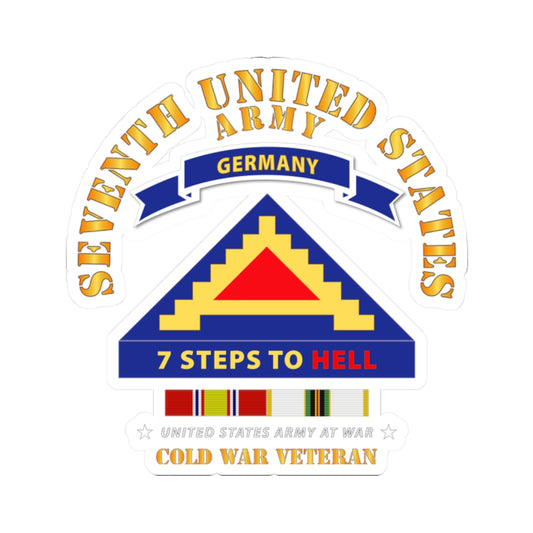 A sticker design featuring the 7th United States Army logo with '7 Steps to Hell' and 'Cold War Veteran' text, along with a representation of the German flag and service stripes.