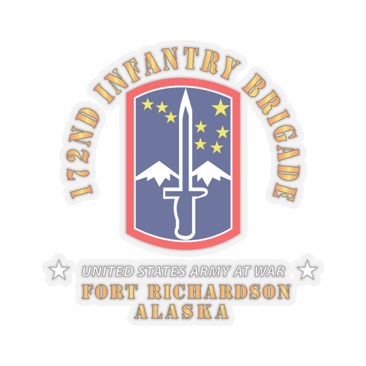 A sticker with a coat of arms representing the 172nd Infantry Brigade, with red, white, and blue colors and a sword emblem, indicating Fort Richardson, Alaska.