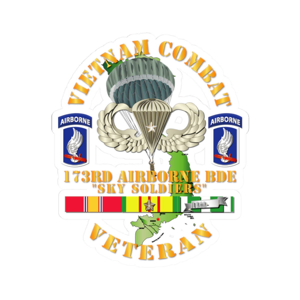 A sticker with a design commemorating the Vietnam Combat Infantry Veteran with the 173rd Airborne Brigade SSI, featuring a parachute, service ribbons, and unit emblems.