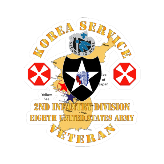 A sticker with a graphic representing the Korea Service Veteran, 2nd Infantry Division, 8th United States Army. It features a map of Korea, a star, and decorative elements in a circular design.