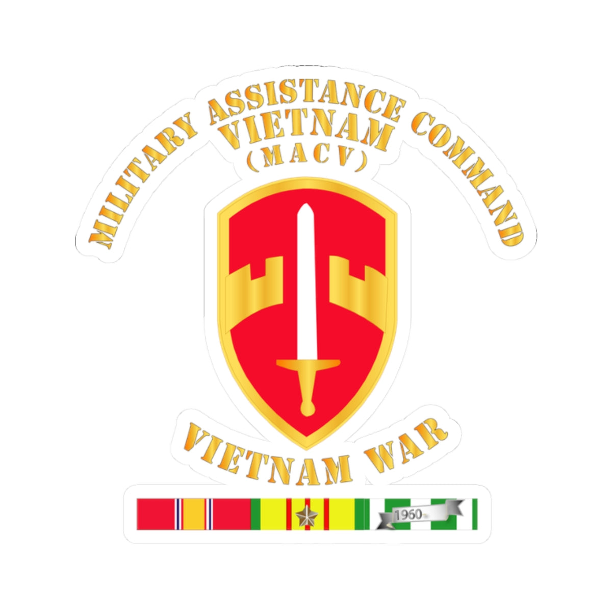 A sticker with the shield emblem of the Military Assistance Command Vietnam (MACV) with a sword, and ribbons representing service in the Vietnam War.
