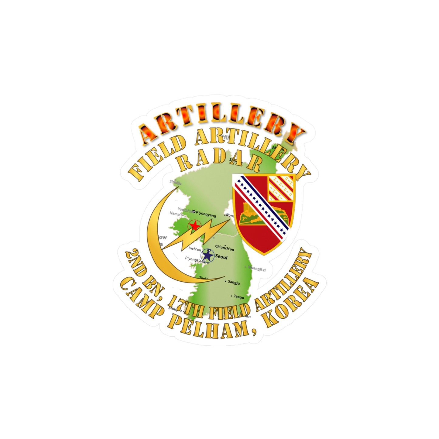 A colorful vinyl decal featuring the 'Artillery Field Artillery Radar' with a map and unit insignia, predominantly green, yellow, and red.