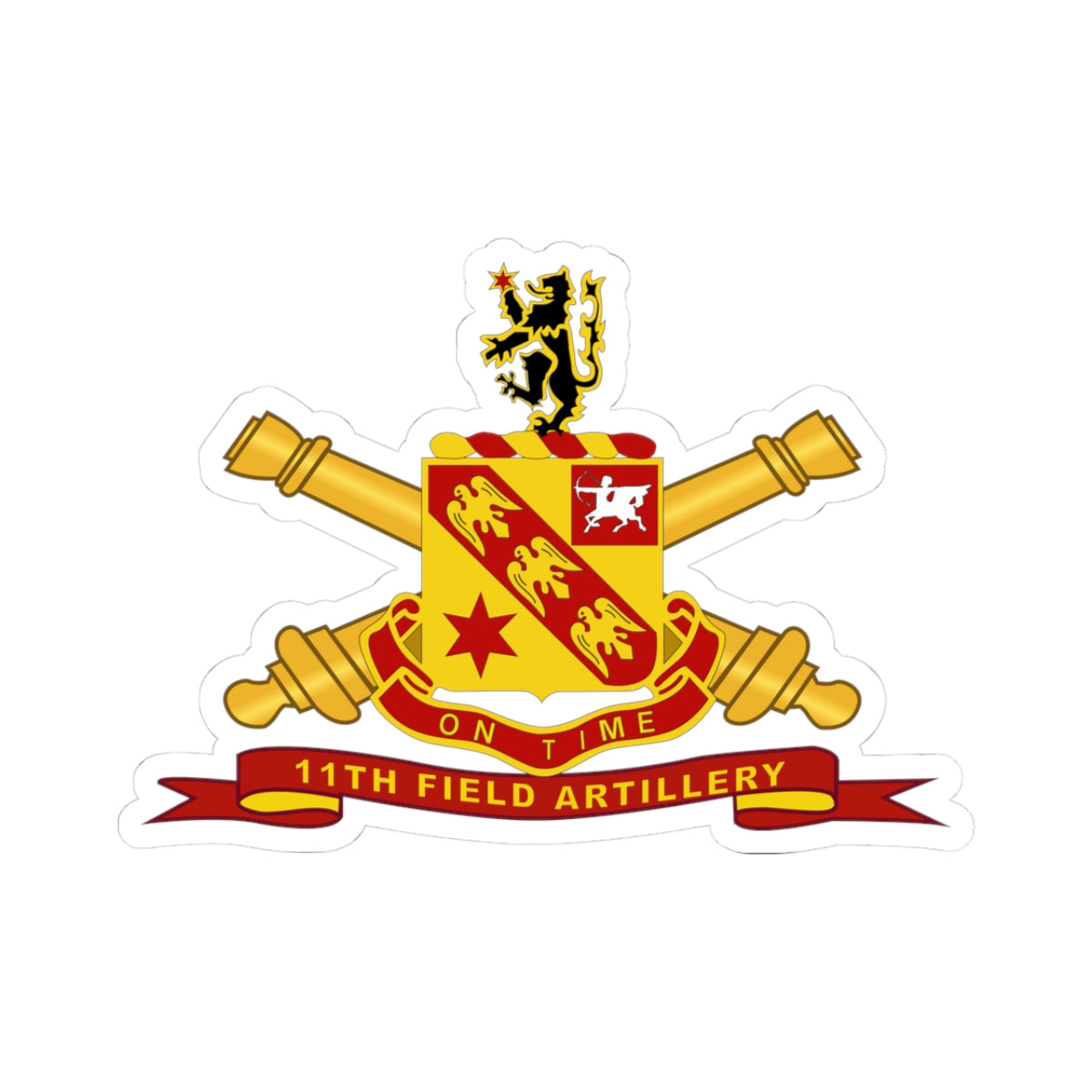 A吻-cut sticker featuring the 11th Field Artillery emblem with a 'BR' ribbon, predominantly in gold and red colors with a white background.