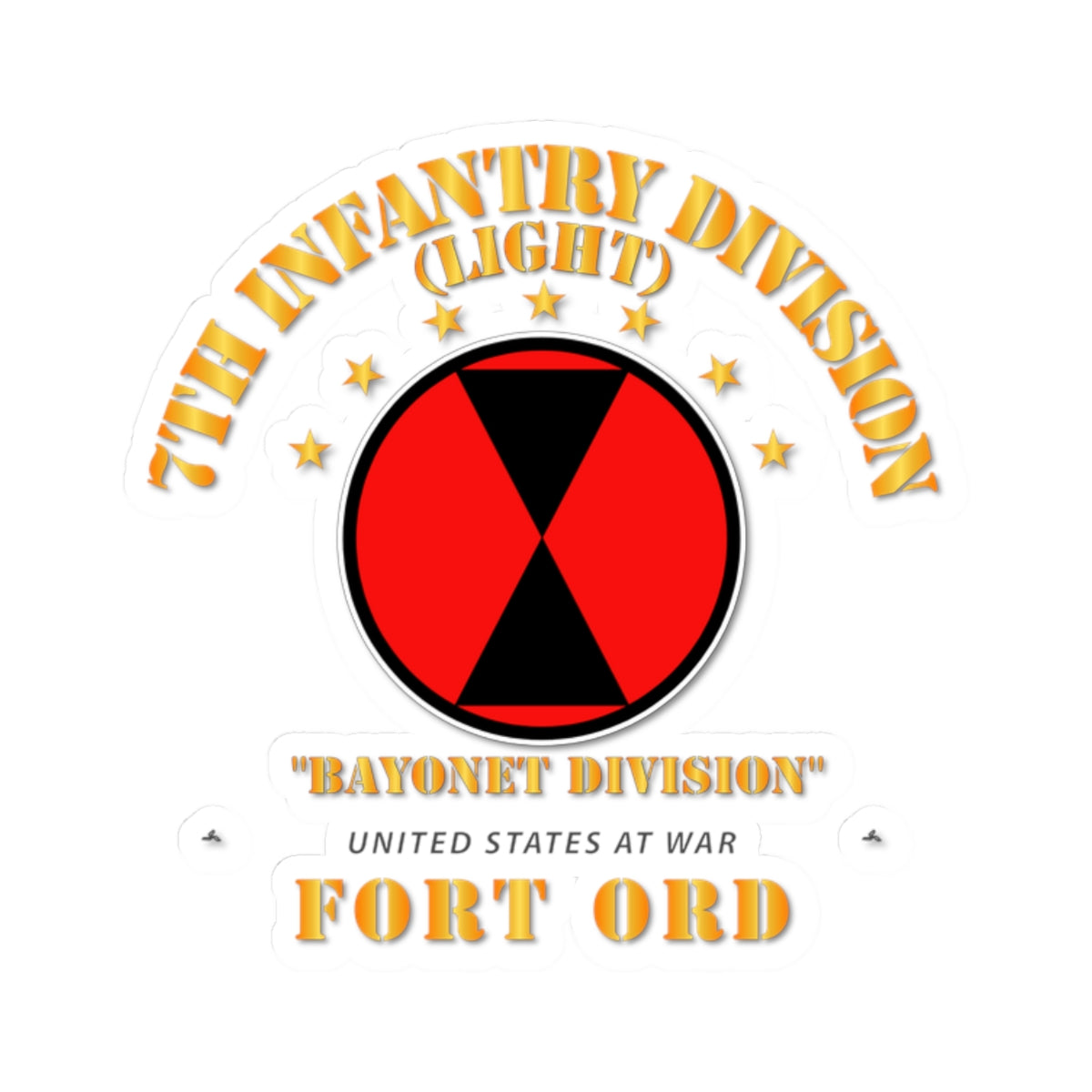 Logo of The Infantry Division (Light) Bayonet Division, United States at War, Fort Ord on a white background.