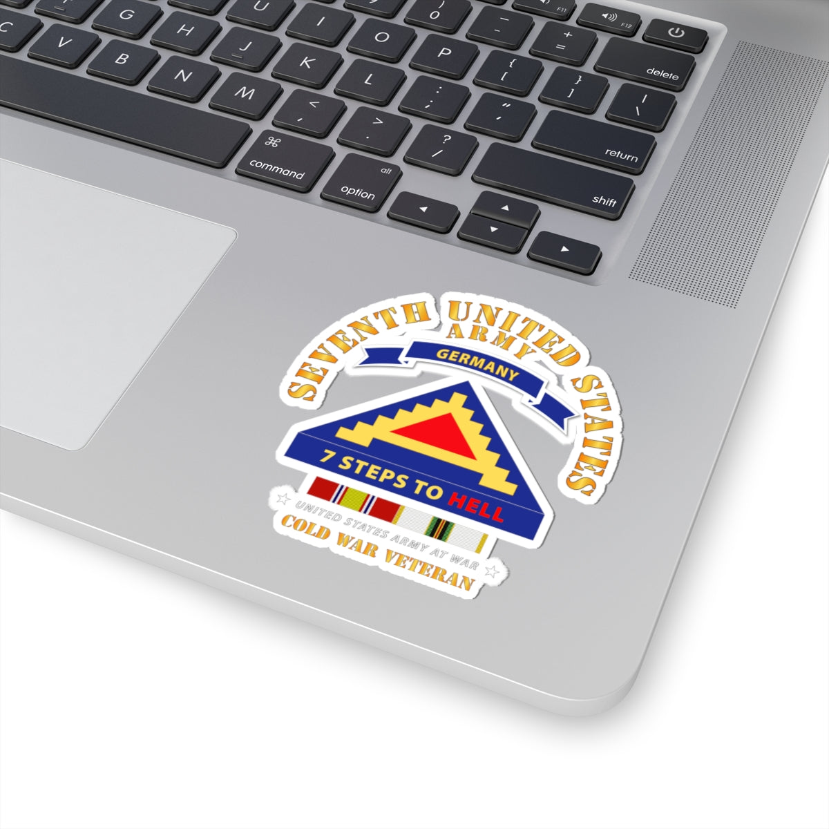 A sticker design featuring the 7th United States Army logo with '7 Steps to Hell' and 'Cold War Veteran' text, along with a representation of the German flag and service stripes.