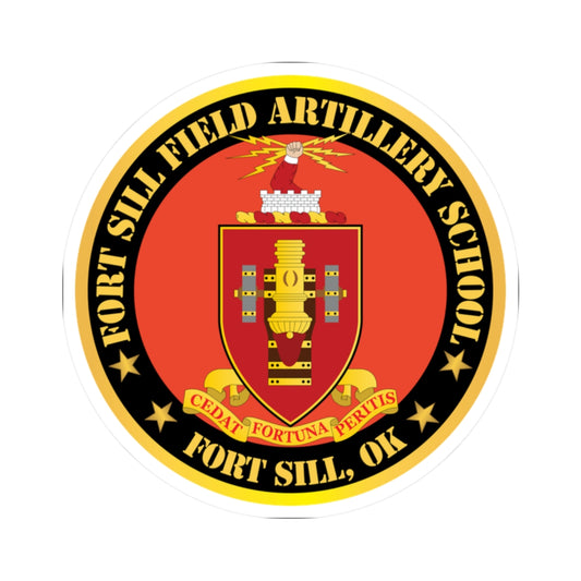 A circular red and gold sticker with the coat of arms of Fort Sill Field Artillery School, including a star and the text 'FORT SILL, OK'.